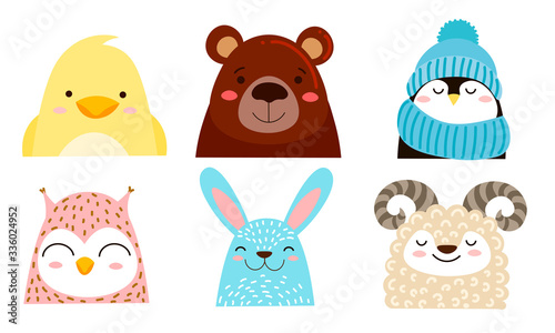 Faces of different smiling farm and wild animals and birds vector illustration