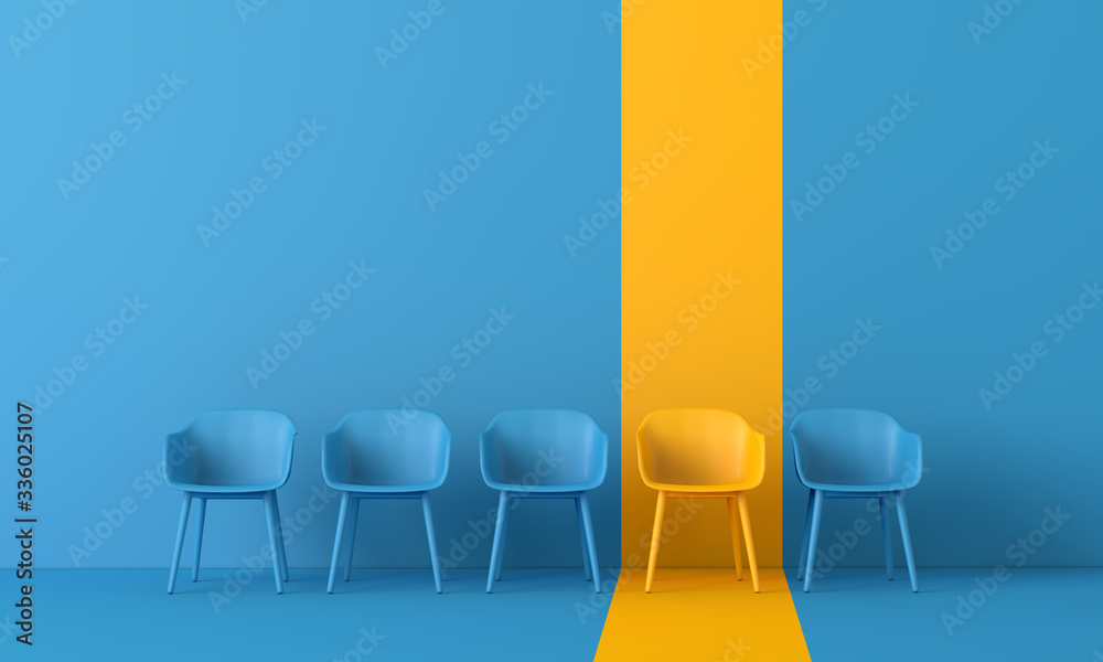 Yellow chair standing out from the crowd. Business concept. 3D rendering - obrazy, fototapety, plakaty 