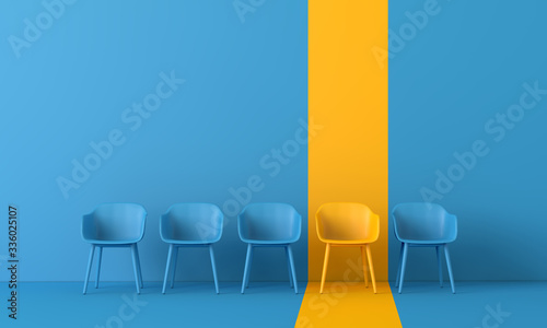 Yellow chair standing out from the crowd. Business concept. 3D rendering photo