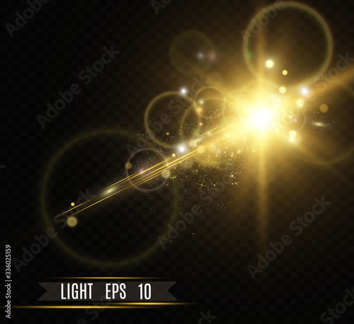 Beautiful golden vector illustration of a star on a translucent background with gold dust and glitters. A magnificent light base for your design