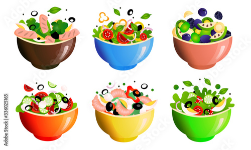 Different kinds of healthy fresh salads meals in bowls vector illustration