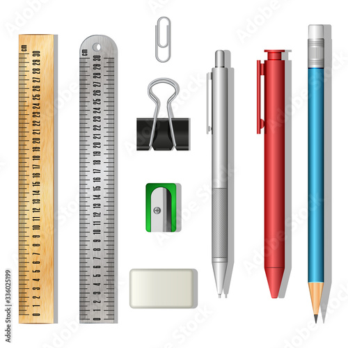Stationery set school 3d objects isolated on white background vector clipart illustration, collection office supplies items on table design mockup
