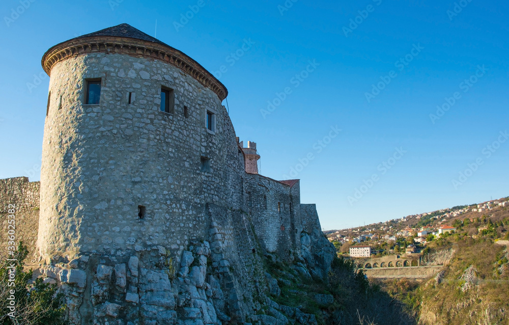 Trsat Castle in Trsat in the coastal city of Rijeka in Primorje-Gorski Kotar, Croatia. Originally constructed in the 13th century, it was restored in Neo-Gothic style in the 19th century
