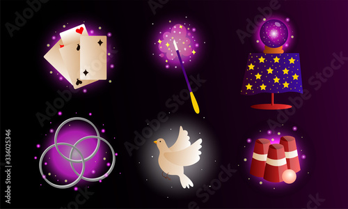 Set of cartoon magic objects for doing miracles and surprises vector illustration