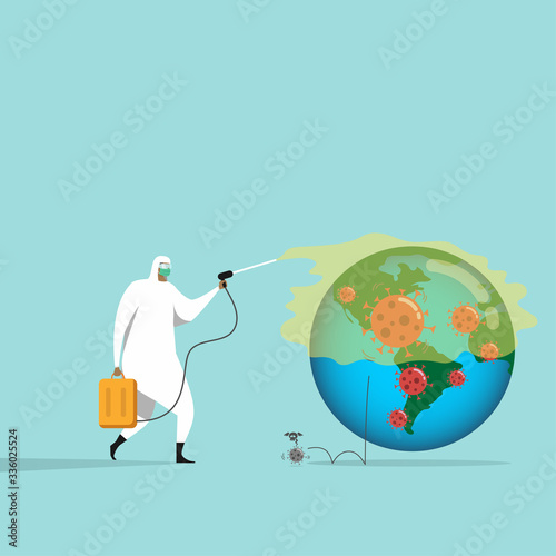 medical worker with full of personal protection equipment getting rid of coronavirus germs by spraying disinfectant COVID-19 virus pathogen that spread around the world, attempt to control disease