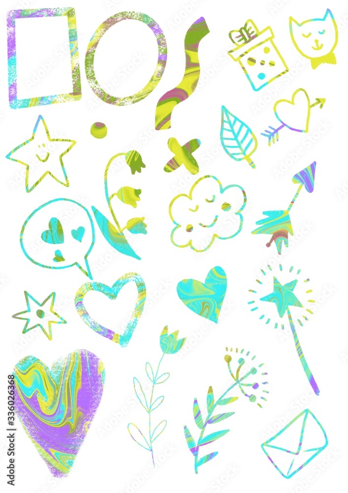 Set of different objects isolated on a white background. Digital illustration. Illustration for the decor and design of posters, postcards, prints, stickers, invitations, textiles and stationery. Set of different objects isolated on a white background. Digital illustration. Illustration for the decor and design of posters, postcards, prints, stickers, invitations, textiles and stationery.
