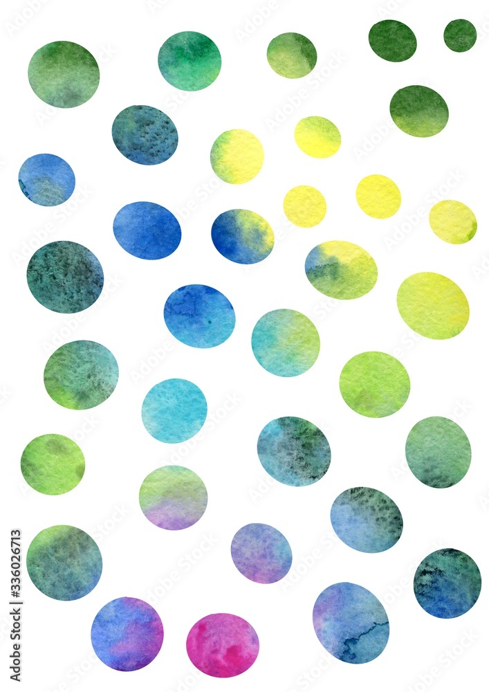 Fototapeta premium Set. Watercolor. Circles and ovals isolated on a white background. Illustration for the decor and design of posters, postcards, prints, stickers, invitations, textiles and stationery.