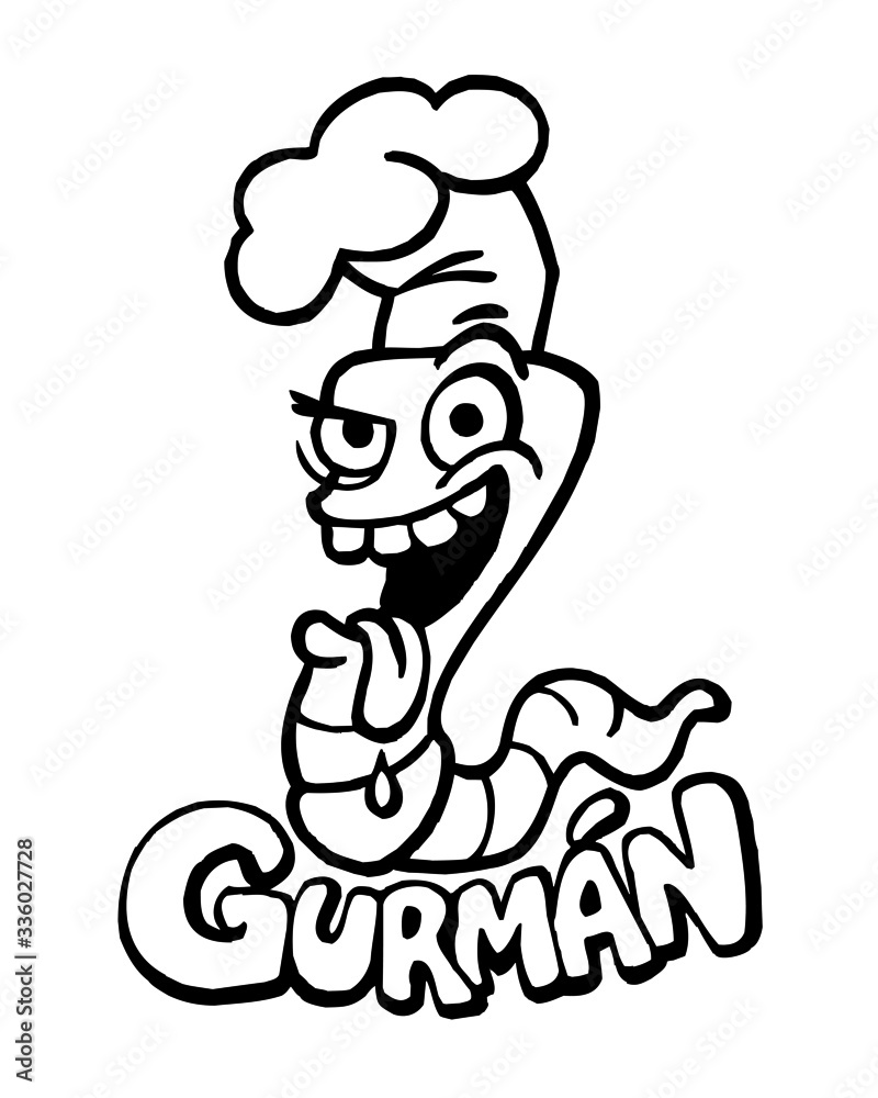 Earthworm gourmet and eater with chef hat and saliva on his tongue, cheerful mascot with big smile, black and white cartoon Earthworm gourmet and eater with chef hat and saliva on his tongue, cheerful mascot with big smile, black and white cartoon