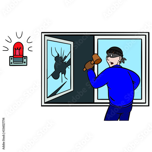 a burglar who hits a window is surprised by the alarm system. security system, comic.