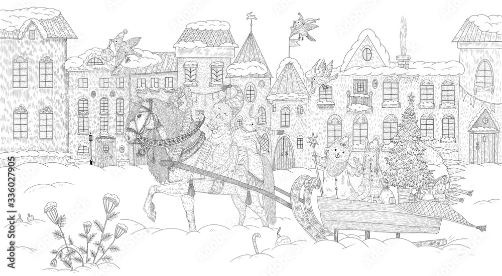 Cats and hares ride a horse. Christmas in the city. Coloring. Black and white digital illustration. Cute illustration for the decor and design of posters, postcards, prints, stickers, invitations.