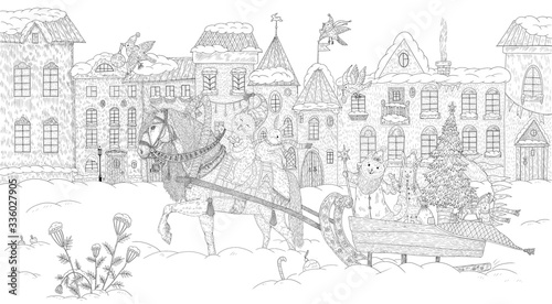 Cats and hares ride a horse. Christmas in the city. Coloring. Black and white digital illustration. Cute illustration for the decor and design of posters, postcards, prints, stickers, invitations.