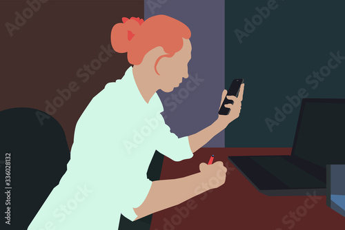 The girl on the computer. Workplace. Vector color illustration.