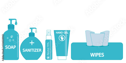 A set of cleaning item isolated on white background. Items for stop spreading germs, viruses and illness. There’re soap dispenser, sanitizer, alcohol spray, hand gel and cleaning wipes.