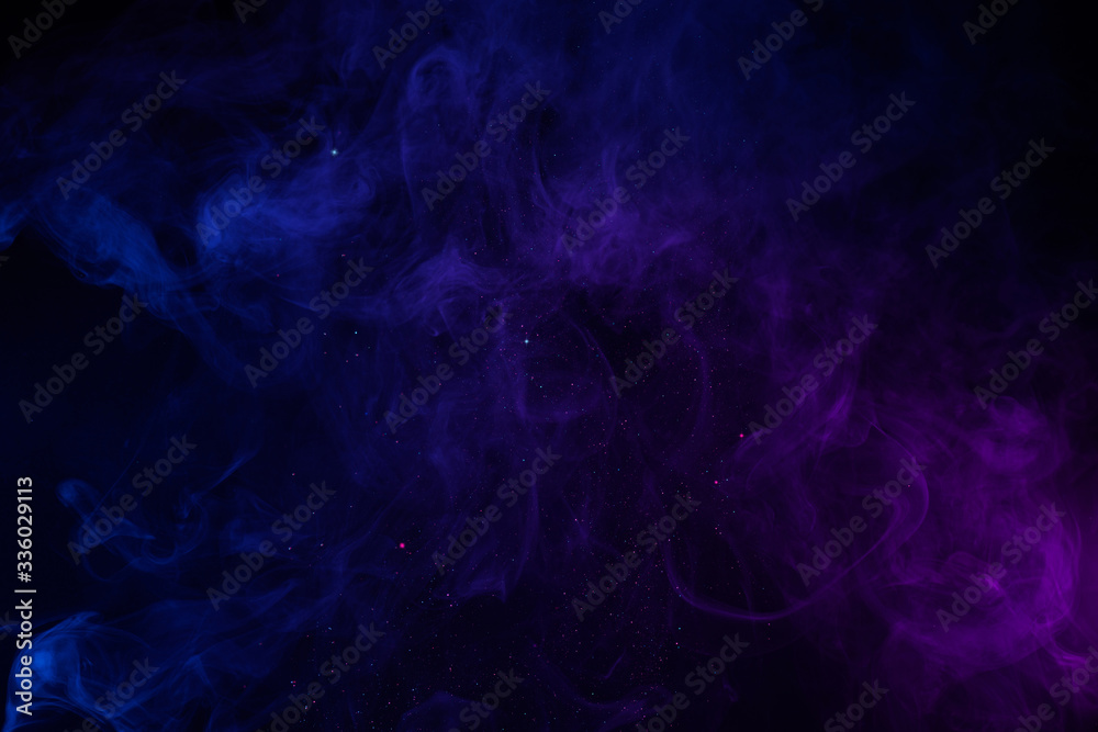 Abstract blue and pink fog with shiny particles dark  background