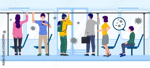 People in subway train during coronavirus pandemic, vector flat illustration