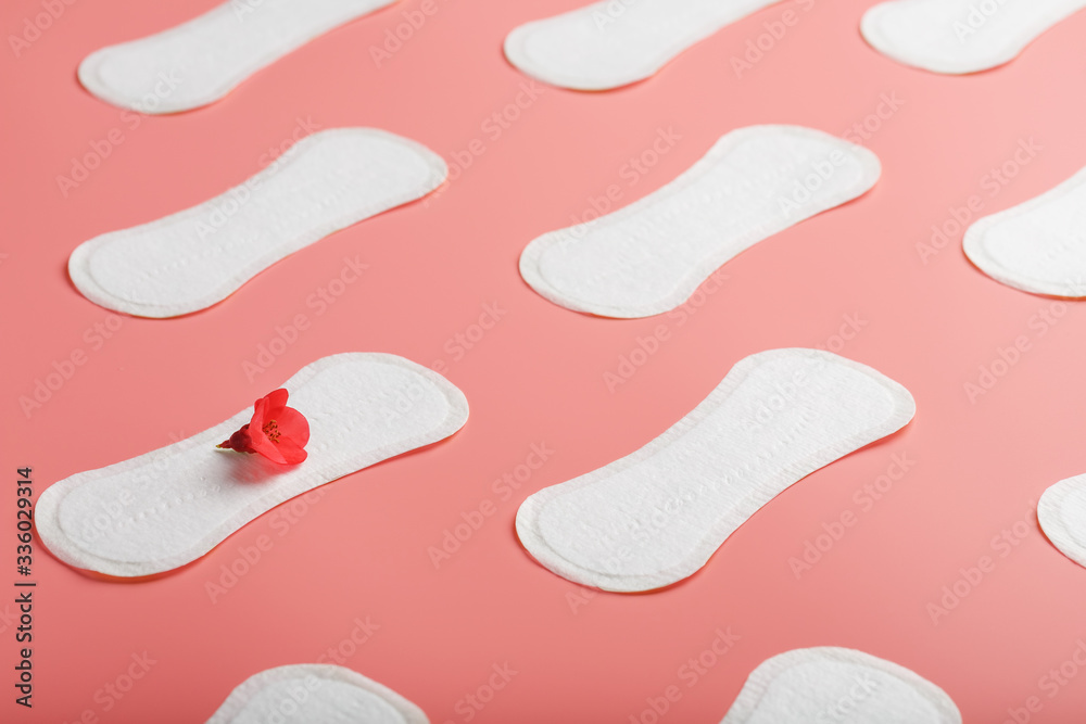 Sanitary pad on a pink background with a red flower. Free space for text. Sanitary pad on a pink background with a red flower. Free space for text.