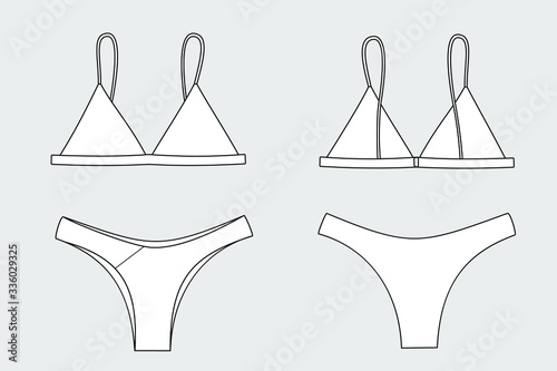 Female swimsuit vector template isolated on a grey background. Front and back view. Outline fashion technical sketch of clothes model.