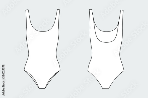 Female one-piece swimsuit vector template isolated on a grey background. Front and back view. Outline fashion technical sketch of clothes model. photo