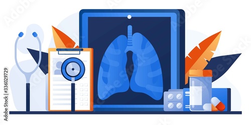 Examination patients lungs with tuberculosis, lung cancer, asthma diseases, coronavirus, infection. Pulmonology or respiratory medicine. Pharmacy, drugs and pills. Chest x-ray. Lung radiography image
