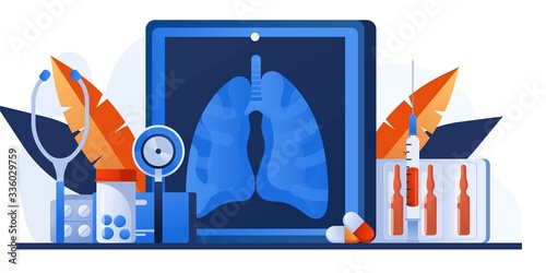 Examination patients lungs with tuberculosis, lung cancer, asthma diseases, coronavirus, infection. Pulmonology or respiratory medicine. Pharmacy, drugs and pills. Chest x-ray. Lung radiography image