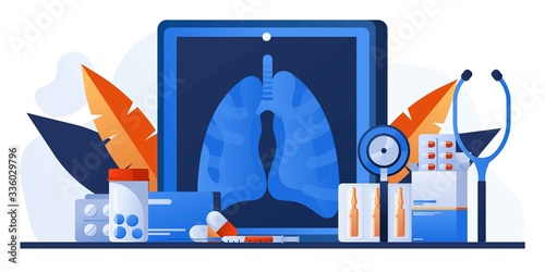 Examination patients lungs with tuberculosis, lung cancer, asthma diseases, coronavirus, infection. Pulmonology or respiratory medicine. Pharmacy, drugs and pills. Chest x-ray. Lung radiography image