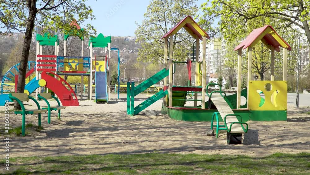 Empty children playground during quarantine by reason of coronavirus covid-19 virus threat. State of emergency. 4K Empty children playground during quarantine by reason of coronavirus covid-19 virus threat. State of emergency. 4K