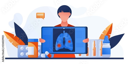 Patients lung radiography image. Lungs with tuberculosis, lung cancer, asthma diseases, coronavirus, infection. Pulmonology, respiratory medicine, radiography. Pharmacy, drugs and pills. Chest x-ray.