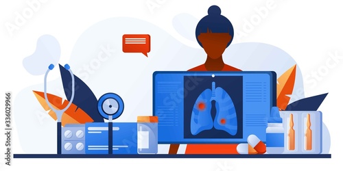 Patients lung radiography image. Lungs with tuberculosis, lung cancer, asthma diseases, coronavirus, infection. Pulmonology, respiratory medicine, radiography. Pharmacy, drugs and pills. Chest x-ray.