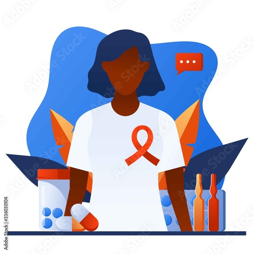 Female patient with HIV/AIDS. World AIDS day awareness. Medical sickness solidarity and support concept for banner, poster, web site. Woman with red ribbon on chest. World Aids Day, December 1.