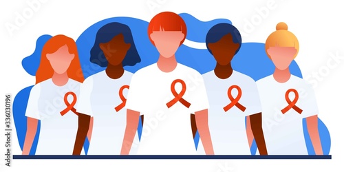 Group of people with HIV/AIDS. World AIDS day awareness. Medical sickness solidarity and support concept for banner, poster, web site. Man and woman with red ribbon. World Aids Day, December 1.