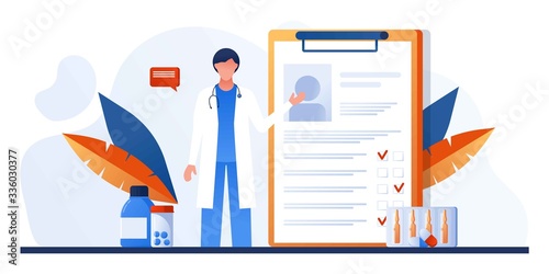 Medical health check up. Doctor standing near board of health check list. Surgeon, therapist in white medical coat with a stethoscope. Prescription paper, report or insurance document.