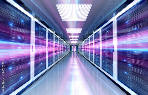 Servers data center room with bright speed light through the corridor 3D rendering