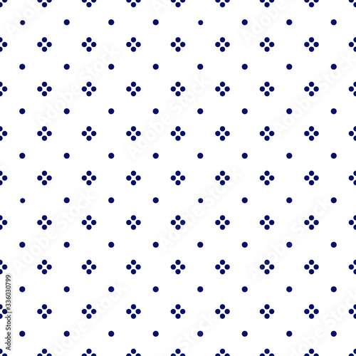 Abstract geometric diagonal seamless pattern. Dark blue minimalistic vector flowers from four dots on white background. Simple vector illustration. Polka dot design for printing on textile, fabric