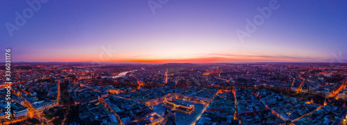 Panorama of Krakow Poland downtown and main city square at dusk photo