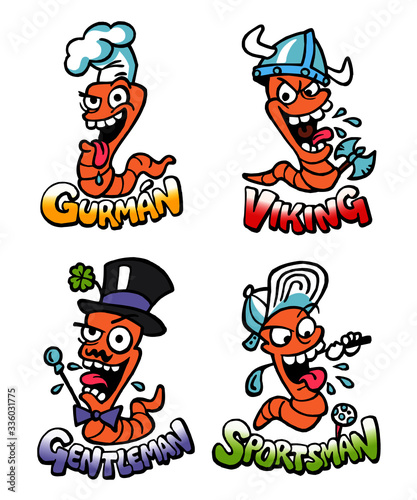 Fototapeta Naklejka Na Ścianę i Meble -  Earthworm sportsman, gentleman, gourmet and viking, cheerful mascot with big smile, color cartoon set