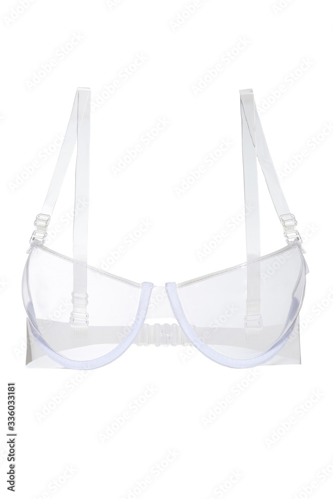 Subject shot of a transparent bra with underwired cups, thin shoulder  straps and a back clasp. The elegant bra designed for clothes with low  neckline is isolated on the white background. Photos