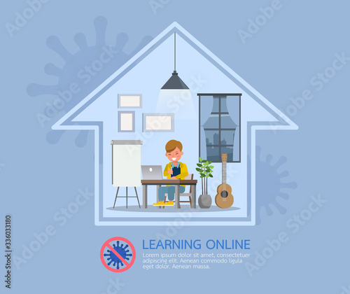 Distance learning online education classes for children during coronavirus. Social distancing, self-isolation and stay at home concept. Character vector design.