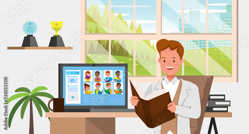 Distance learning online education classes for children during coronavirus. Social distancing, self-isolation and stay at home concept. Character vector design. no7