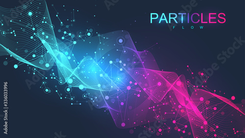 Abstract scientific background with dynamic particles, wave flow. 3D data visualization with fractal elements. Cyberpunk style. Digital vector illustration