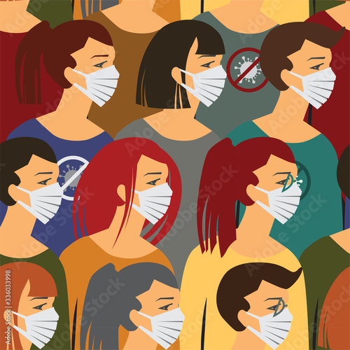 Coronavirus quarantine vector illustration. Coronavirus in the world. Novel coronavirus COVID-2019, people in white medical face mask. Seamless pattern