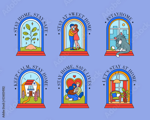 Stay home campaign - set of stickers. Vector elements about coronavirus outbreak quarantine, social distancing pandemic. Self isolation pandemic or stay safe concepts. Health care due COVID-19 badges