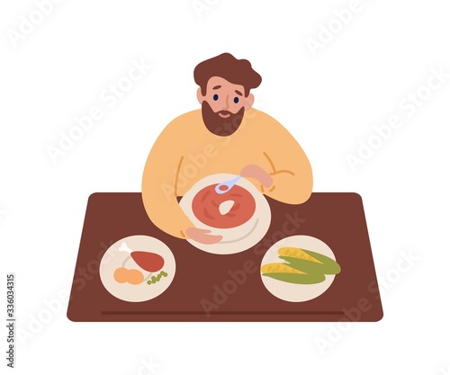 Hungry bearded man eating soup sit at table in cafe vector flat illustration. Cartoon male chewing chicken and corn enjoy dinner at restaurant isolated on white. Guy trying tasty meal at cafeteria