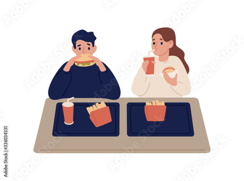 Cartoon couple eating fast food at cafeteria vector flat illustration