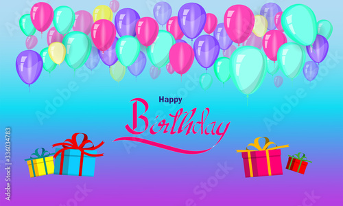 Fototapeta Naklejka Na Ścianę i Meble -  Happy birthday. It's a vector design for greeting cards, advertisements, publications, and posters with letters, balloons, gift boxes, and ribbons. design template for celebration.