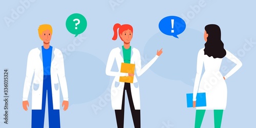 Male and feamle doctor talking. Healthcare services, Ask a doctor. Therapist, surgeon, nurse, gynecologist, paramedic in uniform. Medical team concept. Set of various hospital, clinic staff.