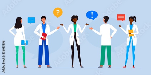 Male and feamle doctor talking. Healthcare services, Ask a doctor. Therapist, surgeon, nurse, gynecologist, paramedic in uniform. Medical team concept. Set of various hospital, clinic staff.