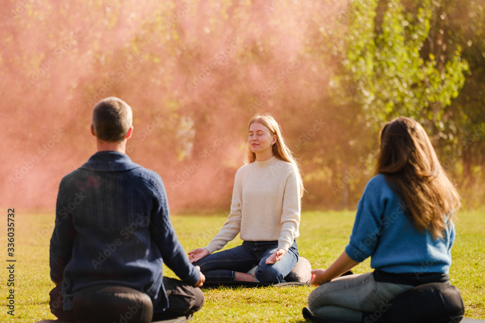 A group of young people meditate outdoors in a park. A group of young people meditate outdoors in a park.