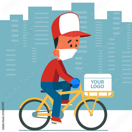 Contactless secure delivery service. Cartoon young man wearing protective mask and gloves riding a bicycle with delivery box on it. 