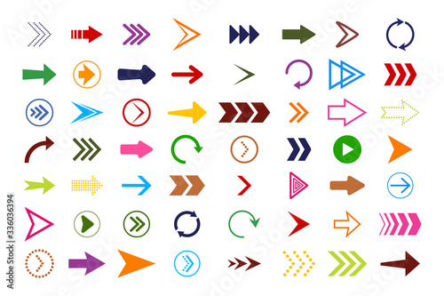 Arrow icons. Flat buttons navigation. Red, blue, pink, green, purple, yellow colors of arrows website. Modern symbols of previous, right, undo, left, down, forward for app. Collection shapes. Vector