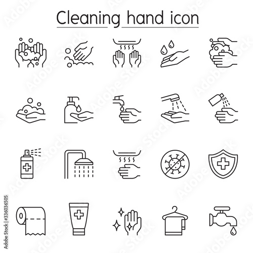 Hand washing icon set set in thin line style